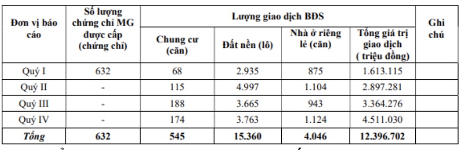 Bảng tổng hợp lượng giao dịch bất động sản năm 2023. Ảnh chụp từ báo cáo