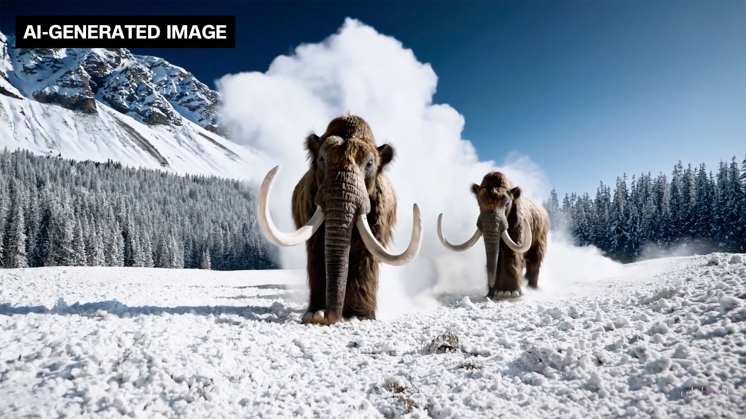 Hình ảnh do AI tạo ra này, từ video OpenAI Sora, cho thấy những con voi ma mút lông xù đang bước đi trên tuyết.