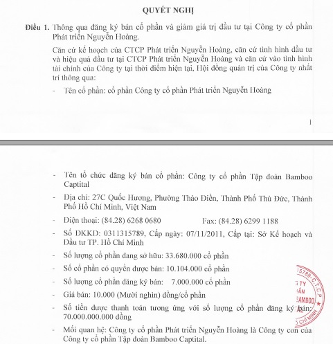 Với giá bán là 10.000 đồng/cp, nếu thương vụ thành công, Bamboo Capital có thể thu về 70 tỷ đồng.