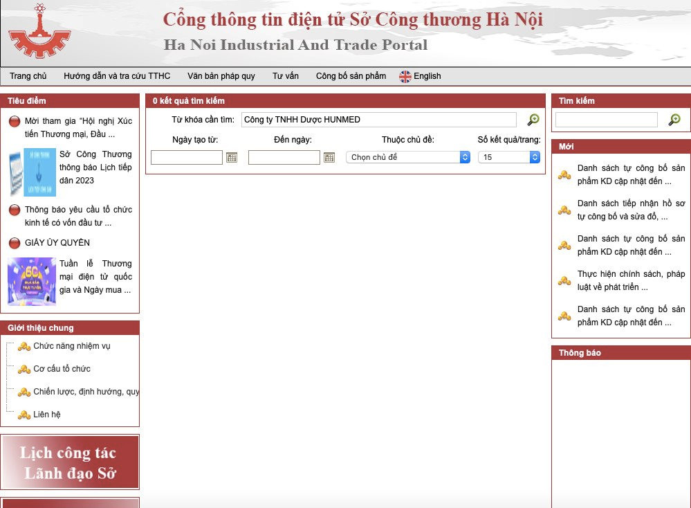 Tại Cổng thông tin điện tử của Sở Công Thương Hà Nội; tuyệt nhiên không thấy thông tin về việc Công ty TNHH Dược HUNMED tiến hành kê khai giá cho cho sản phẩm nào.