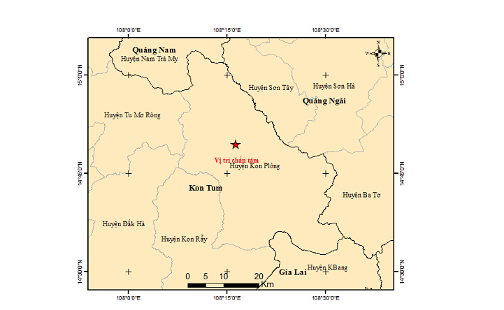 Tâm chấn trận động đất mạnh 4.0 độ richte tại Kon Tum