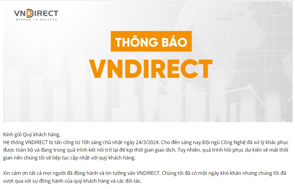 Thông báo của VNDirect trên website của công ty. Ảnh chụp màn hình