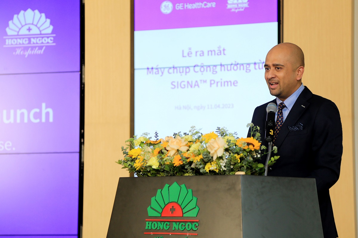 Ông Vijay Subramaniam - Tổng giám đốc mảng Chẩn đoán hình ảnh, GE HealthCare khu vực Đông Nam Á, Hàn Quốc, Úc _ New Zealand phát biểu tại buổi ra mắt máy chụp cộng hưởng từ SIGNA™ Prime 