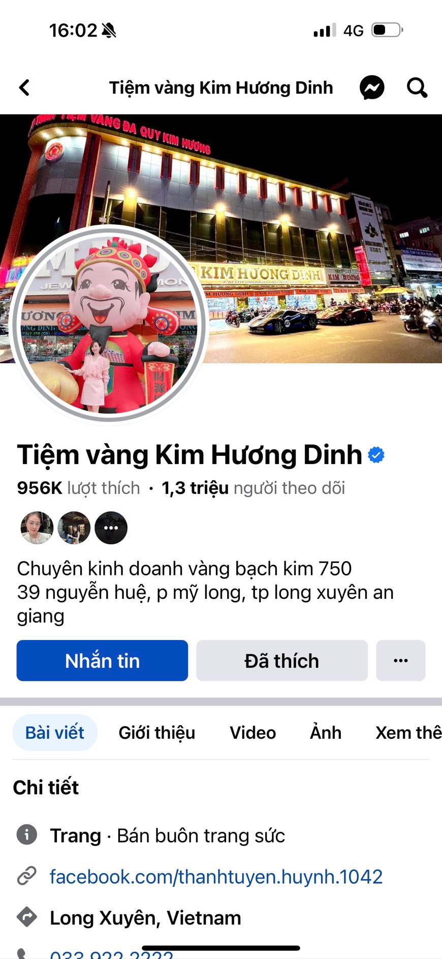 Tài khoản Facebook gắn tick xanh “Tiệm vàng Kim Hương Dinh” với 956.000 lượt thích, 1,3 triệu người theo dõi