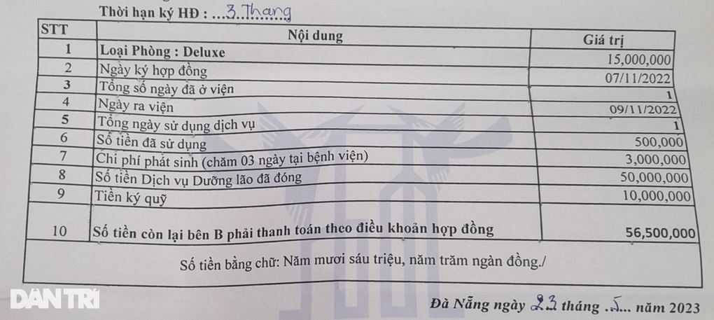 Phiếu chi tiết theo dõi chi phí dịch vụ theo hợp đồng mới nhất của người thân bà Cúc được nhân viên công ty cung cấp (Ảnh: Hoài Sơn).