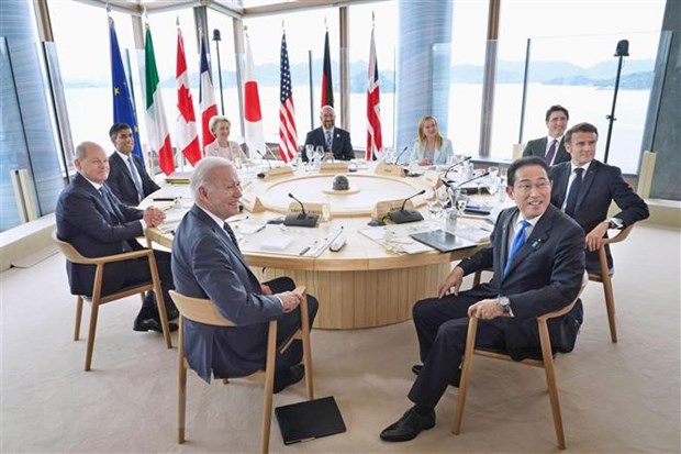 Các nhà lãnh đạo Nhóm các nước công nghiệp phát triển (G7) tại cuộc họp ở Hiroshima, Nhật Bản, ngày 19/5. (Ảnh: AFP/TTXVN)