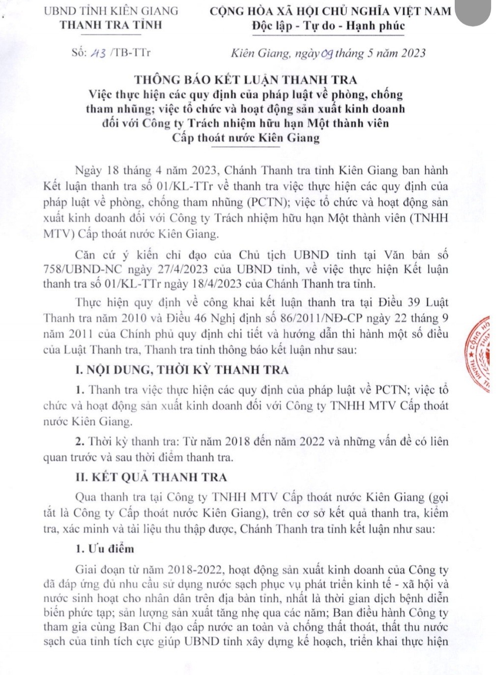 Thông báo kết luận thanh tra của Thanh tra tỉnh Kiên Giang