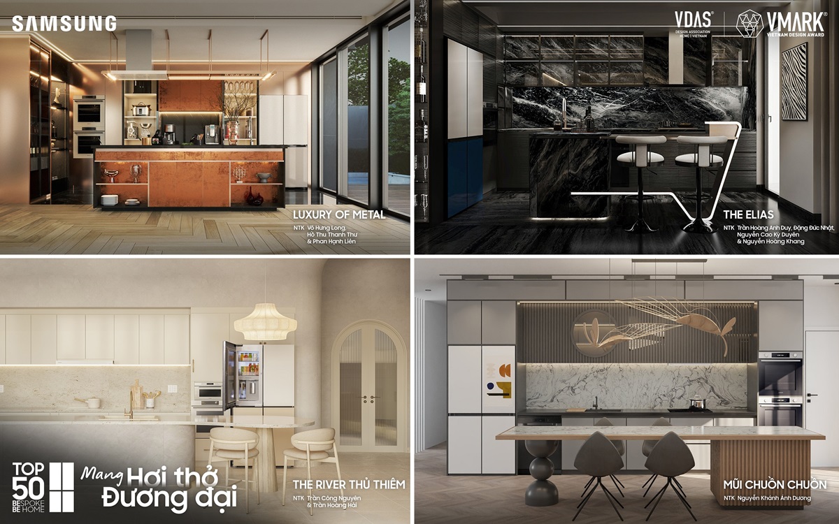 Những căn bếp có đường nét tinh gọn, chi tiết tối giản kết hợp hài hòa với bộ sưu tập Samsung Bespoke, thể hiện hơi thở đương đại tinh tế, phù hợp phong cách sống năng động của gia chủ