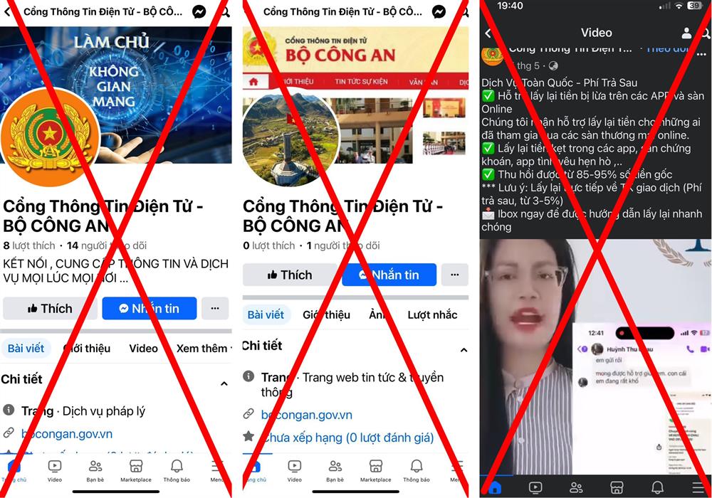 Một số Trang Thông tin mạo danh Cổng Thông tin điện tử Bộ Công an trên Facebook.