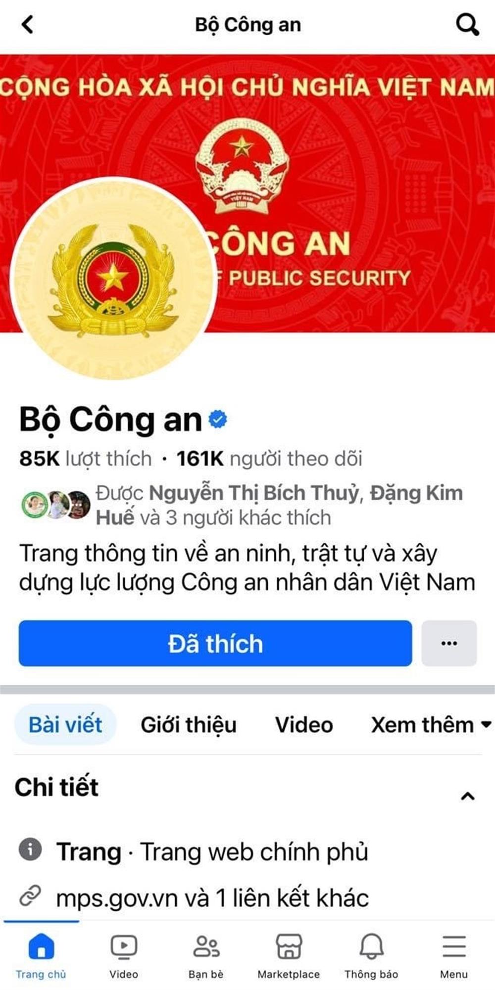 Hình ảnh giao diện Trang Thông tin chính thức của Bộ Công an trên Facebook.