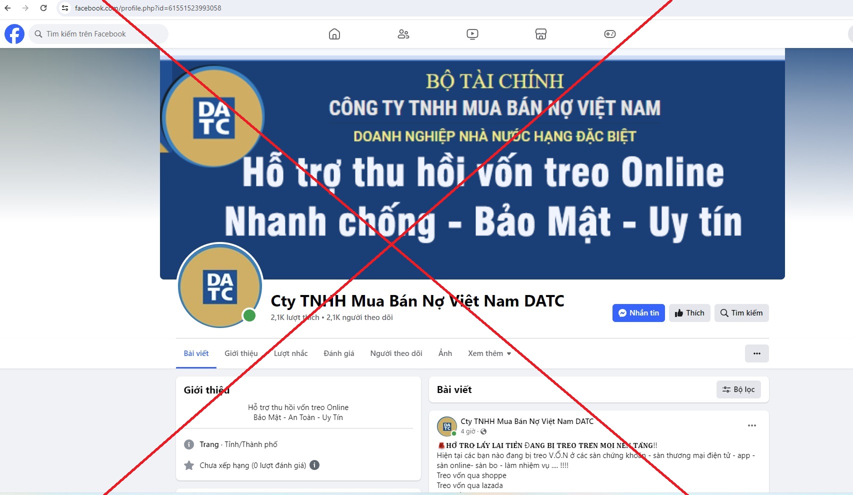 Đối tượng lừa đảo sử dụng thông tin của DATC tạo tài khoản mạng xã hội Facebook