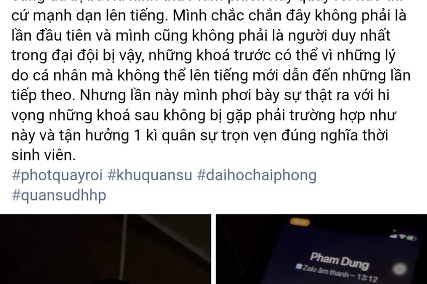 Bài viết tố cáo cán bộ Trung tâm Giáo dục quốc phòng an ninh sinh viên của trường Đại học Hải Phòng quấy rối tình dục trên mạng xã hội. Ảnh Chụp màn hình.