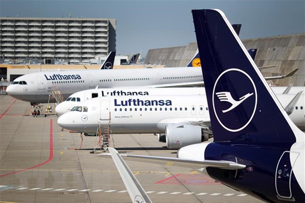 Các máy bay của Hãng hàng không Lufthansa đậu tại sân bay ở Frankfurt am Main, Đức. (Ảnh: AFP/TTXVN)