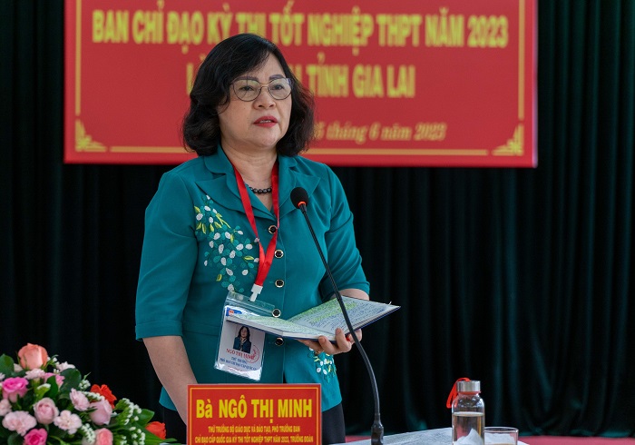 Thứ trưởng Ngô Thị Minh phát biểu tại buổi làm việc với BCĐ Kỳ thi tốt nghiệp THPT 2023 tỉnh Gia Lai