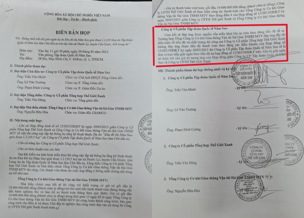 Biên bản họp giữa các bên liên quan, trong đó có ông Trần Văn Mười - Chủ tịch HĐQT Tập đoàn Năm Sao (chủ đầu tư dự án) ký