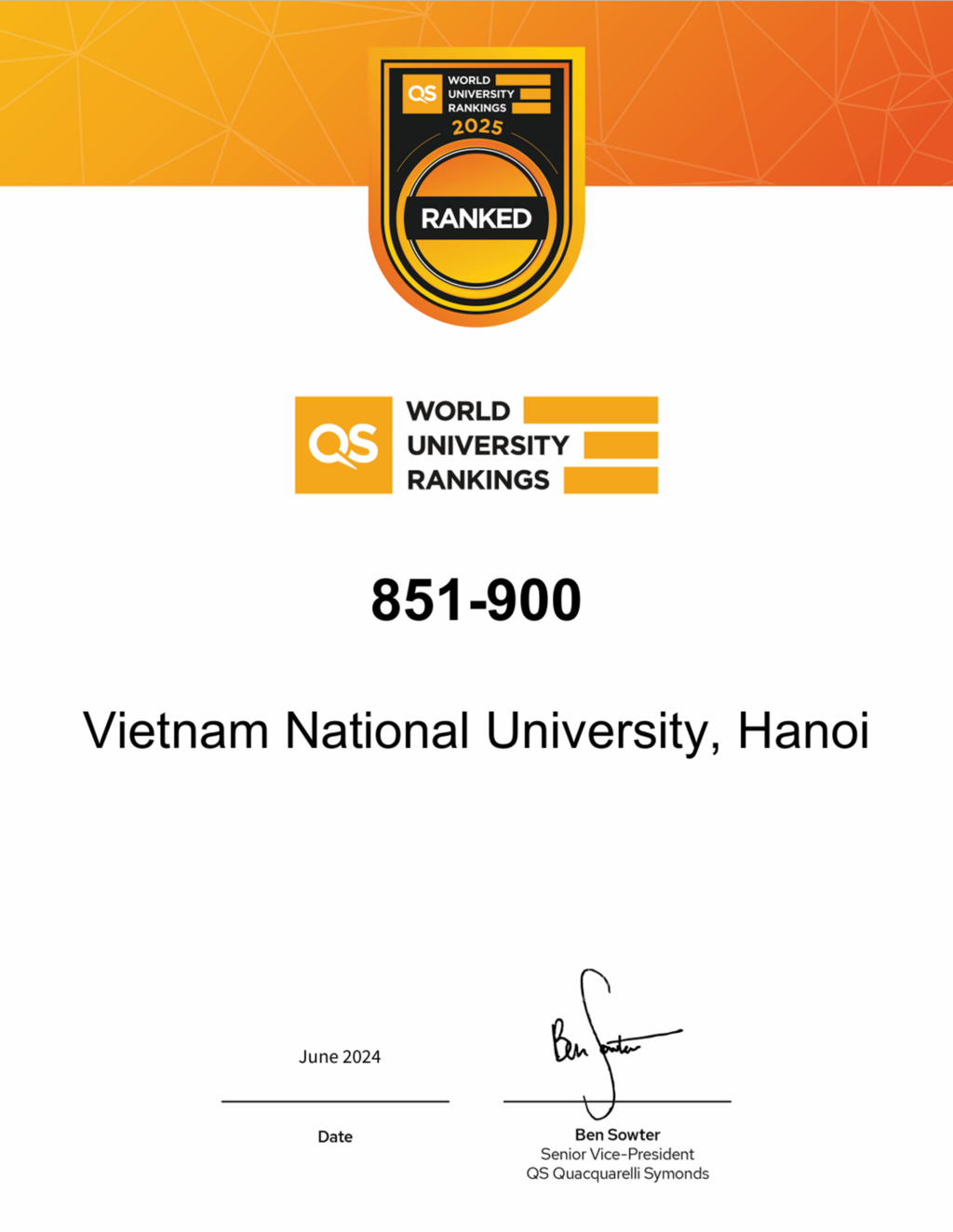 Chứng nhận kết quả xếp hạng của Đại học Quốc gia Hà Nội. (Ảnh: ĐHQGHN)