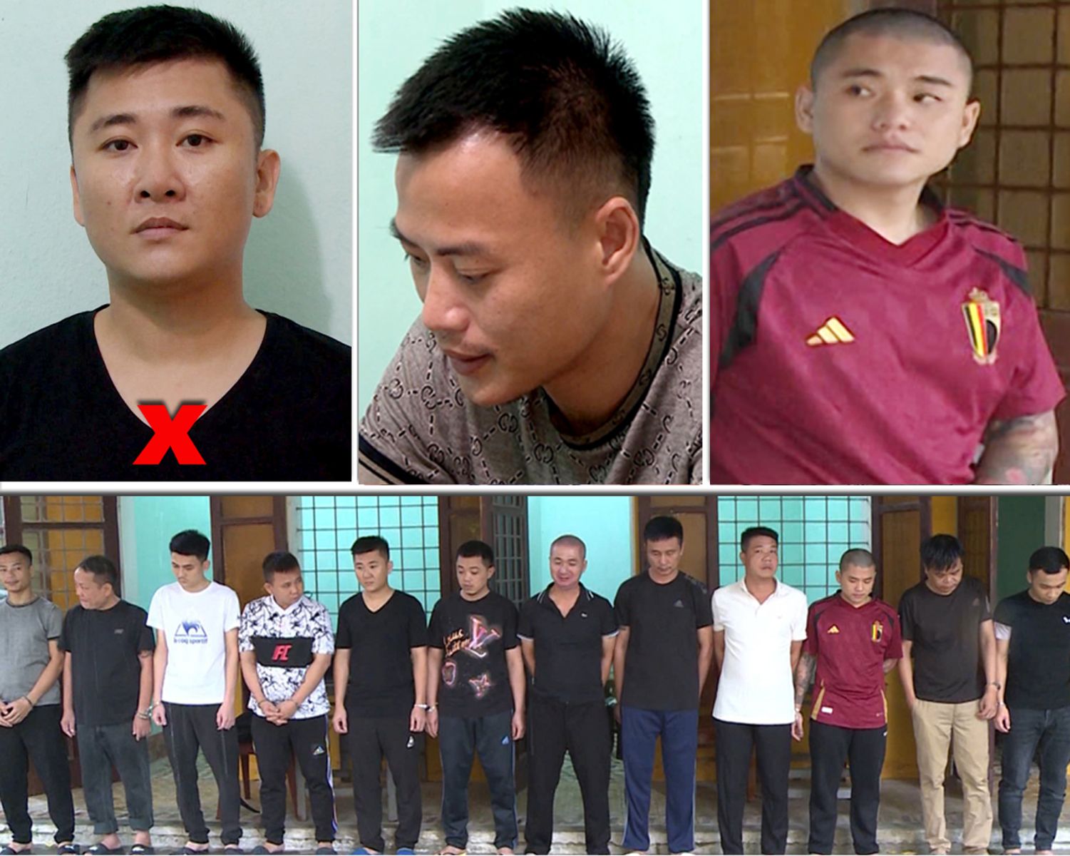 Vũ Đình Hiếu (X), Nguyễn Hữu Tùng, Nguyễn Việt Anh và các đối tượng trong đường dây cá độ bóng đá bị bắt giữ