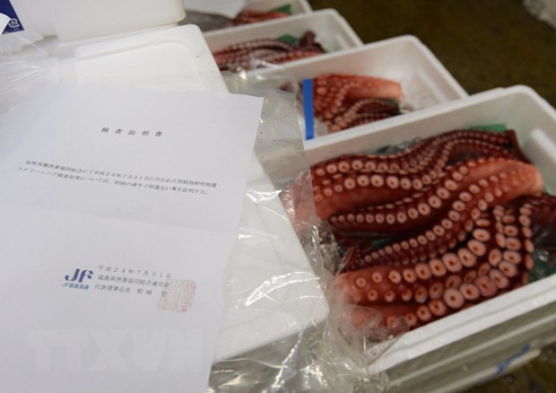 Hải sản đánh bắt từ bờ biển Fukushima được bày bán tại chợ cá ở Tokyo, Nhật Bản. (Ảnh: Kyodo/TTXVN)