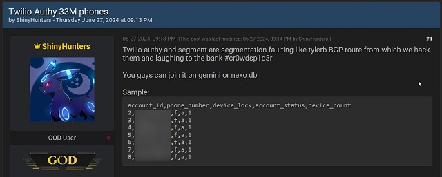 ShinyHunters chia sẻ dữ liệu Twilio Authy trên diễn đàn hack