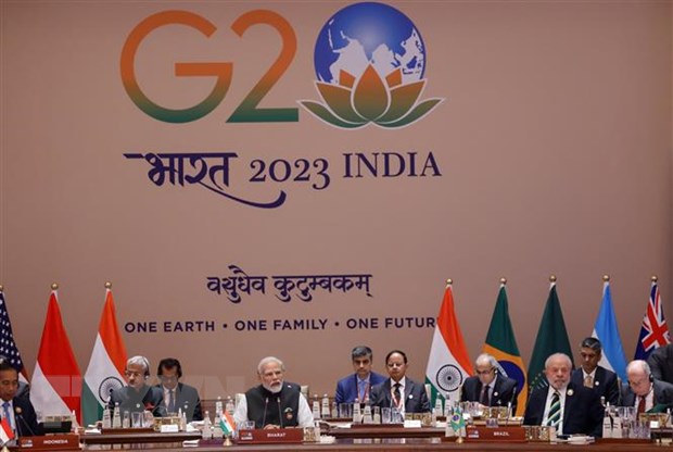 Thủ tướng Ấn Độ Narendra Modi (giữa) phát biểu tại Hội nghị Thượng đỉnh G20 ở New Delhi, Ấn Độ, ngày 9/9/2023. (Ảnh: AFP/TTXVN)
