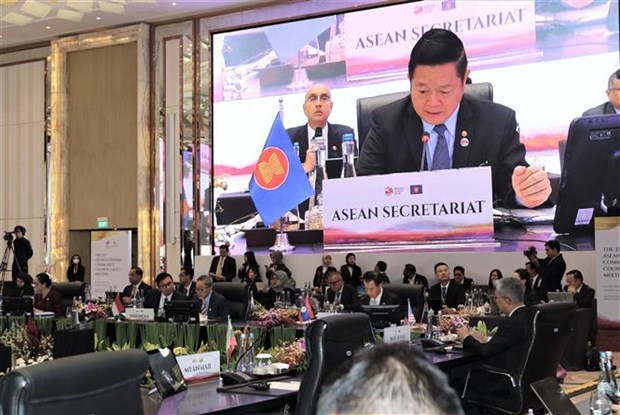 Tổng Thư ký ASEAN Kao Kim Hourn phát biểu tại Hội nghị Hội đồng Cộng đồng Kinh tế ASEAN (AECC) lần thứ 23, tại Jakarta (Indonesia) ngày 3/9/2023. (Ảnh: Hữu Chiến/TTXVN)