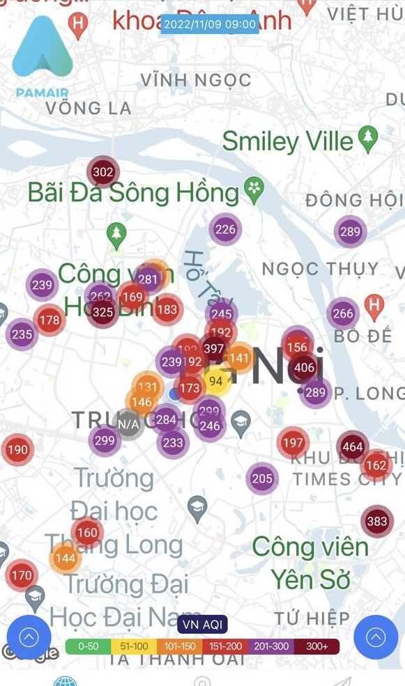 Hình ảnh trên trang Pamair cho thấy phần lớn các khu vực ở Hà Nội đang trong tình trạng ô nhiễm không khí nặng