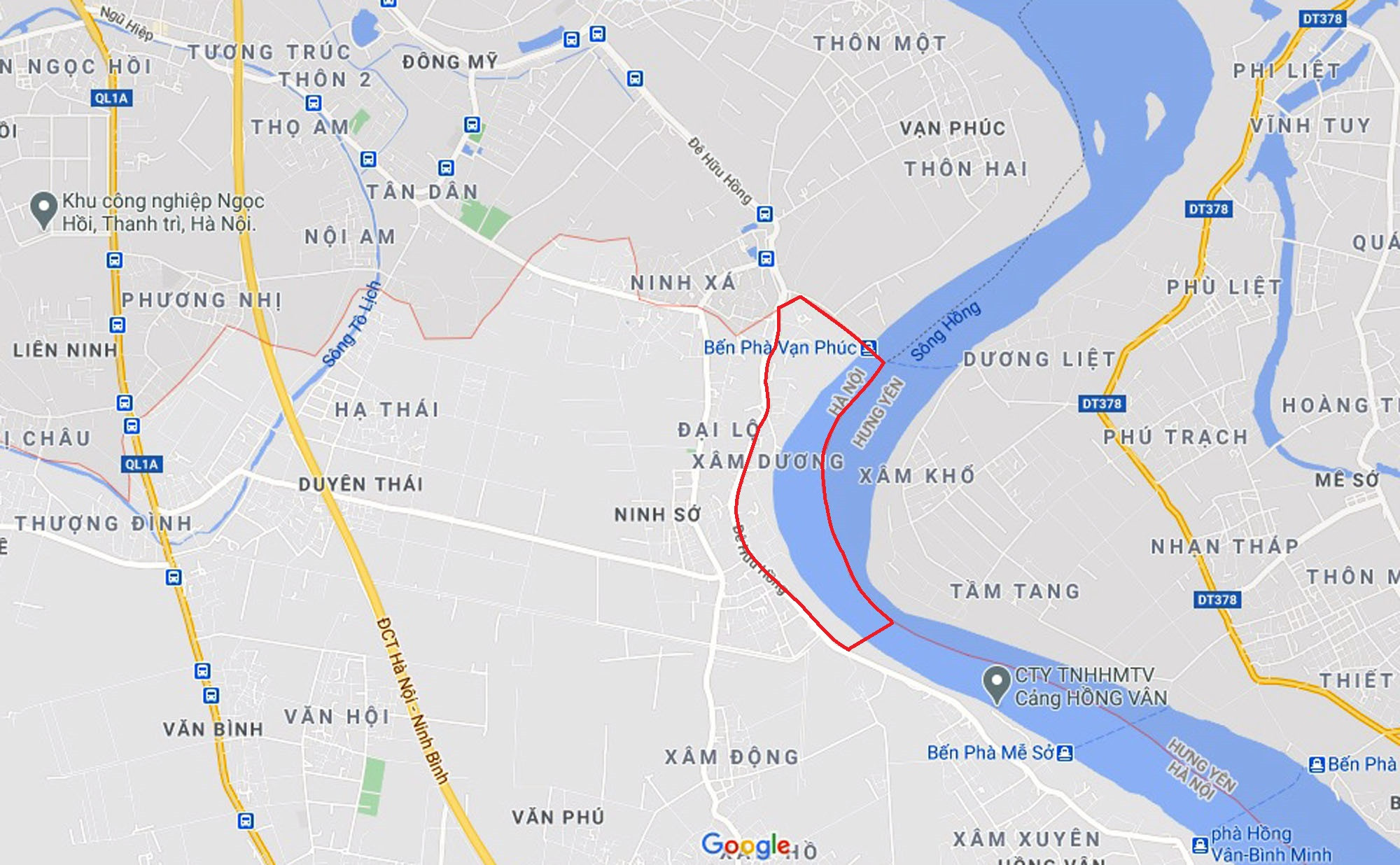 Phạm vi phân khu đô thị sông Hồng trên địa bàn huyện Thường Tín (Ảnh: Google Maps)