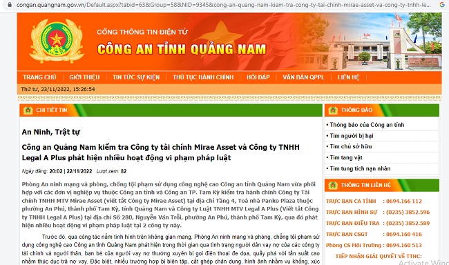 Thông tin về vụ việc được đăng tải trên Cổng thông tin điện tử Công an tỉnh Quảng Nam. 