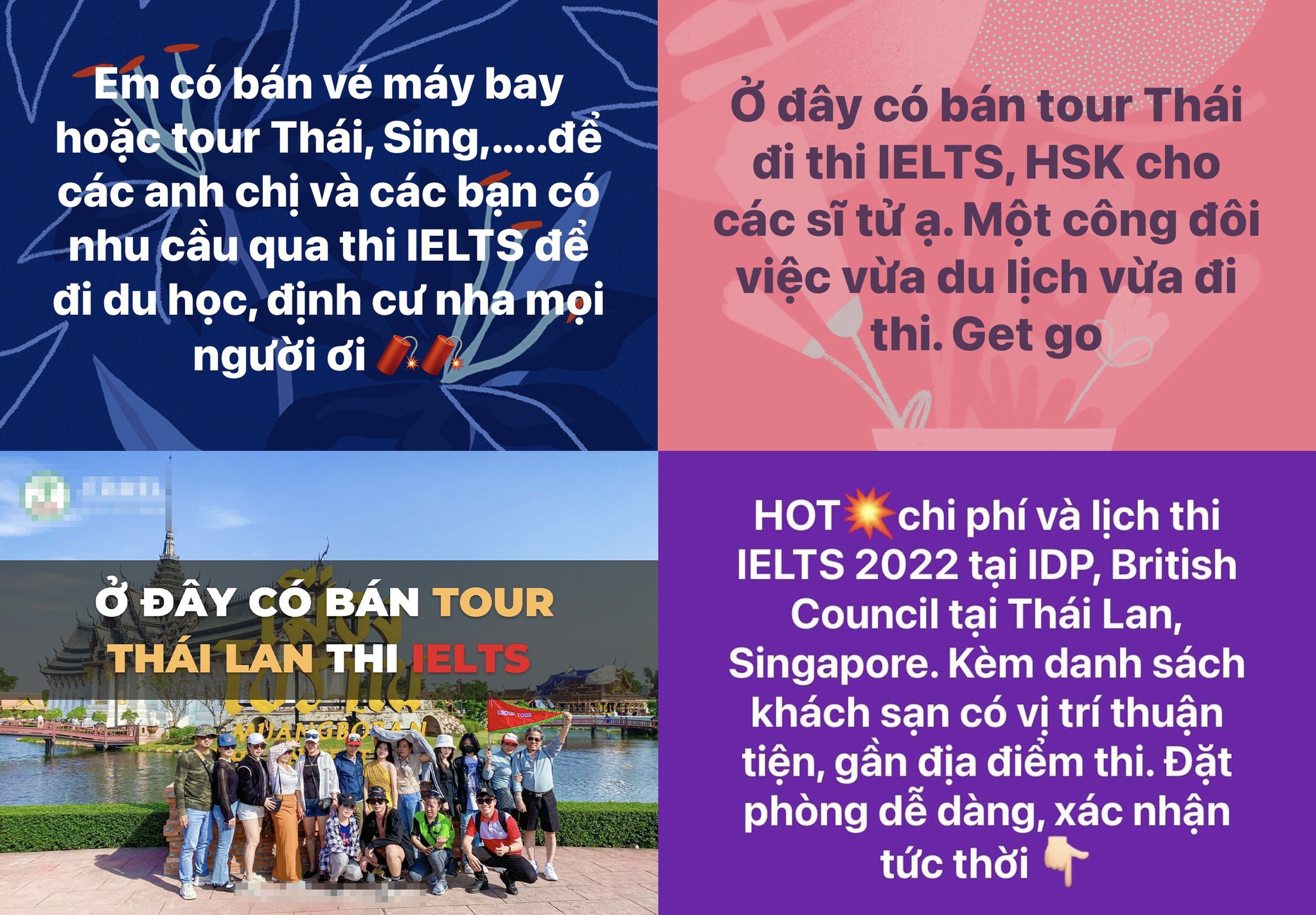 Nhiều đơn vị lữ hành thông báo tour đi Thái thi IELTS trên mạng xã hội