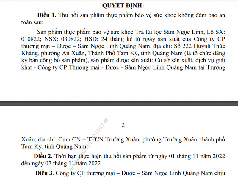 Quyết định thu hồi sản phẩm thực phẩm bảo vệ sức khỏe Trà túi lọc Sâm Ngọc Linh của Cục An toàn thực phẩm.