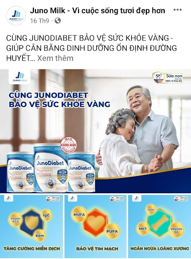 Nhãn hiệu sữa JunoDiabet giải quyết mọi vấn đề của người già, người tiểu đường, loãng xương… (Ảnh: fanpage của Junomilk)