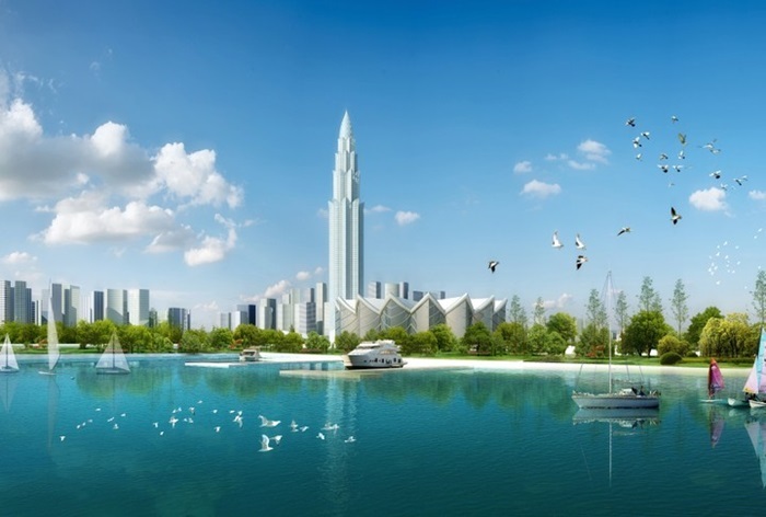 Phối cảnh Tháp tài chính cao 108 tầng, là điểm nhấn của dự án Thành phố Thông minh Bắc Hà Nội