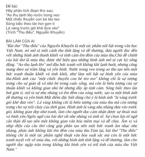 Một đoạn do AI thực hiện với yêu cầu phân tích bài thơ Câu cá mùa thu (Nguyễn Khuyến) ẢNH CHỤP MÀN HÌNH
