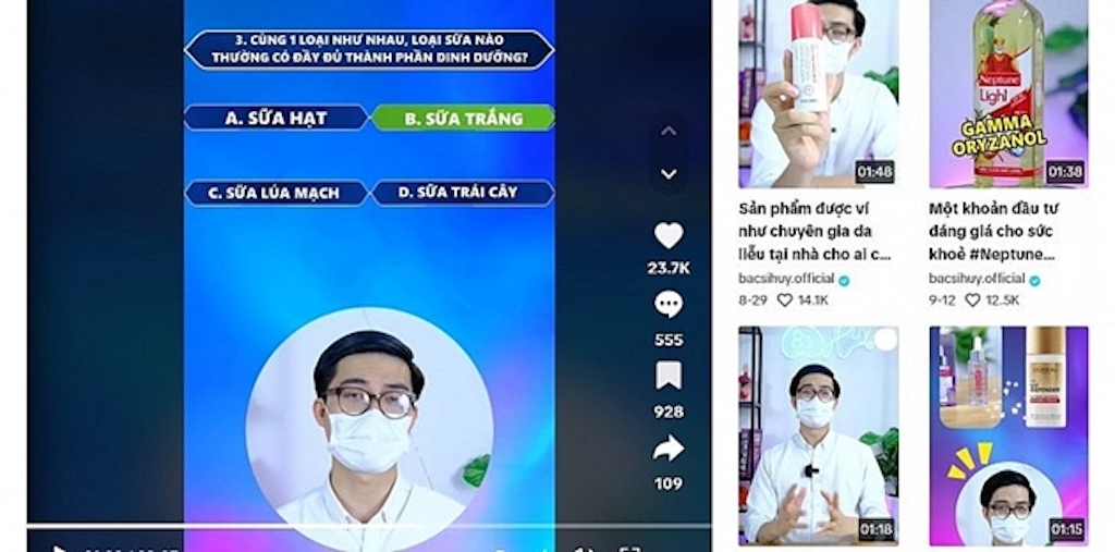 Kênh Tiktok mang tên “Bác sĩ Huy” quảng cáo, khuyên người dùng sử dụng sữa trắng vì sữa trái cây không cung cấp đủ đạm và canxi.