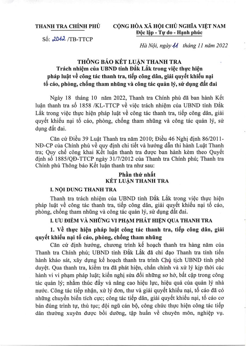 Kết luận Thanh tra số 1858/KL-TTCP về một số dự án mắc sai phạm tạitỉnh Đắk Lắk