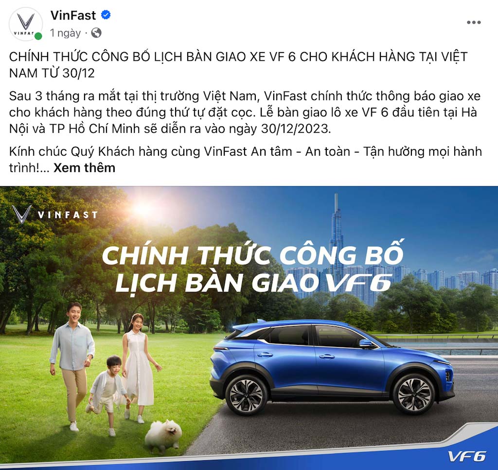 VinFast đăng tải trên trang fanpage chính thức về việc bắt đầu bàn giao VF 6 tại Hà Nội và TP Hồ Chí Minh