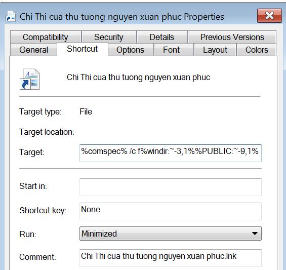 Thuộc tính tập tin mã độc bị lực lượng Công an phát hiện.
