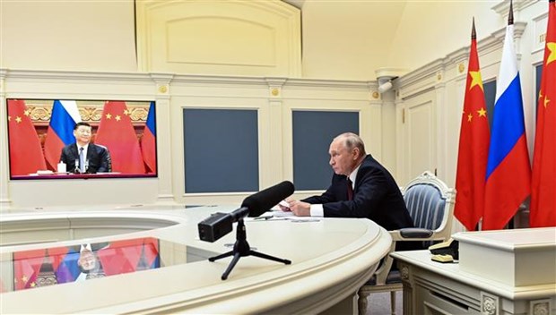 Tổng thống Nga Vladimir Putin tại cuộc họp trực tuyến với Chủ tịch Trung Quốc Tập Cận Bình ngày 28/6/2021. (Ảnh: AFP/TTXVN)
