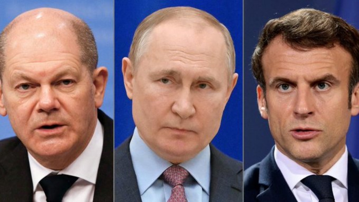 Thủ tướng Đức Olaf Scholz, Tổng thống Nga Vladimir Putin và Tổng thống Pháp Emmanuel Macron. Ảnh: AFP