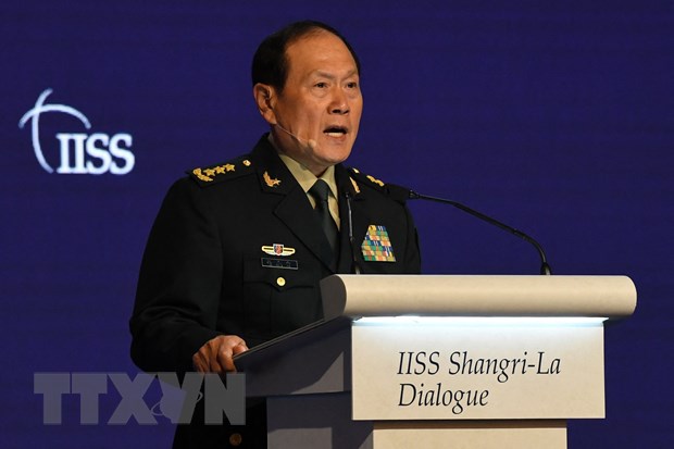 Bộ trưởng Quốc phòng Trung Quốc Ngụy Phượng Hòa phát biểu tại Đối thoại Shangri-La 2022 ở Singapore ngày 12/6/2022. (Ảnh: AFP/TTXVN)