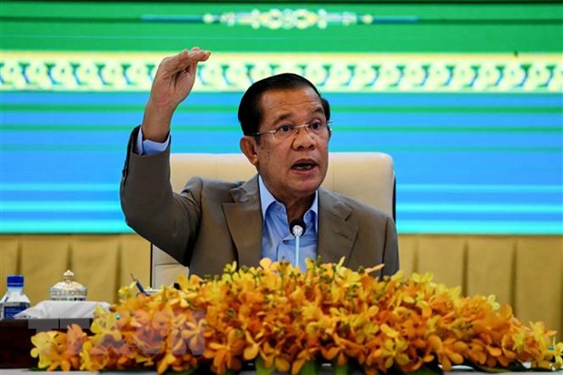 Thủ tướng Samdech Techo Hun Sen tại một cuộc họp báo ở Phnom Penh, Campuchia. (Ảnh: AFP/TTXVN)