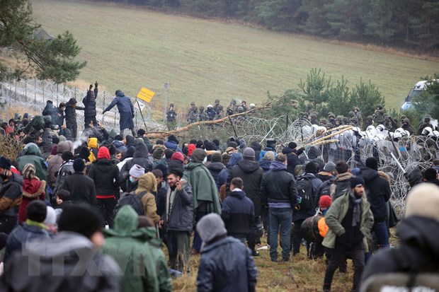 Người di cư tại khu vực Grodno (Belarus), giáp giới với Ba Lan ngày 8/11. (Ảnh: AFP/TTXVN)