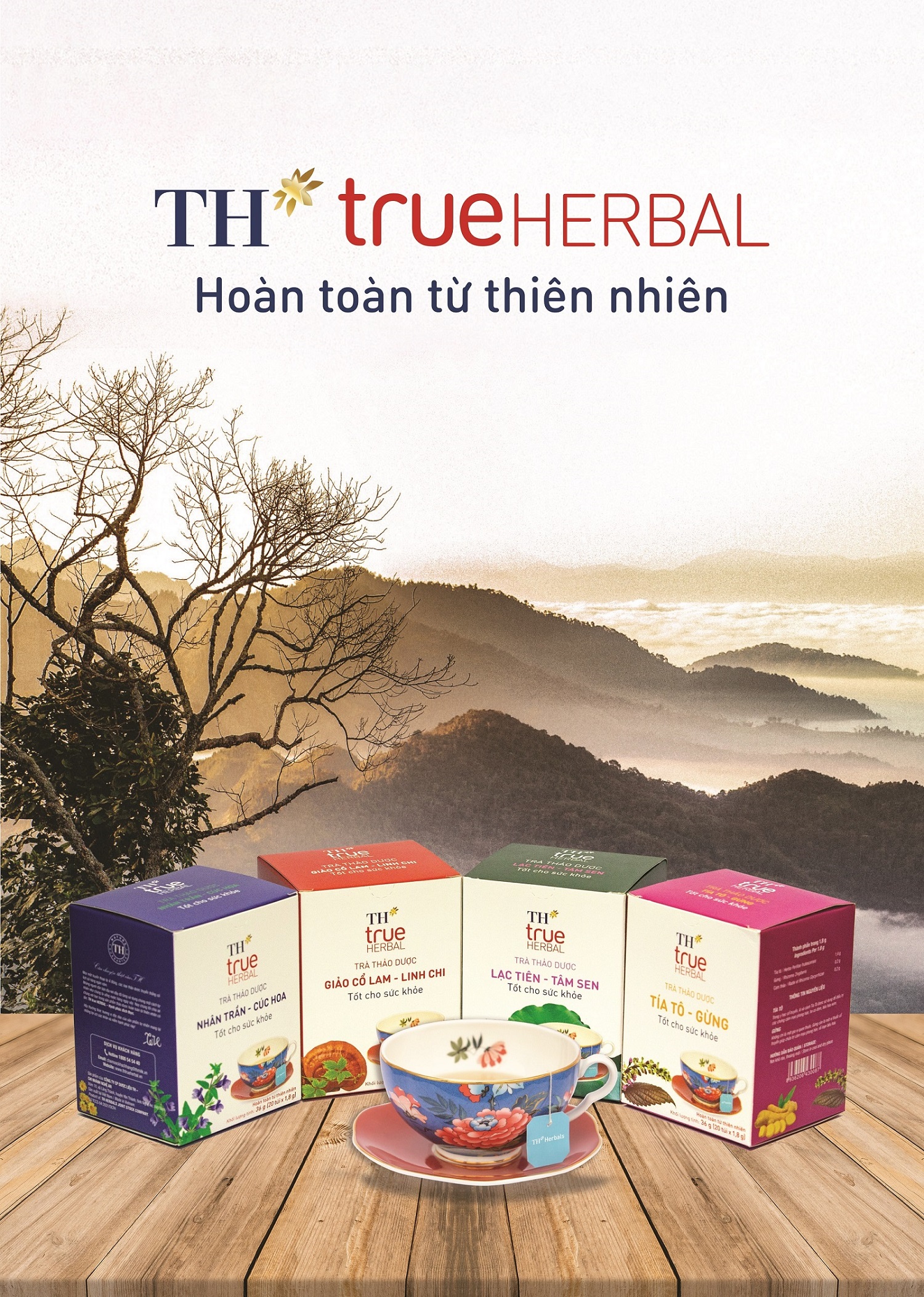 Bộ TH true HERBAL gồm 4 sản phẩm, mỗi sản phẩm gồm 2 loại thảo dược chính.