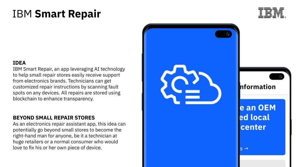 Bài thi giành giải Nhì là ý tưởng IBM Smart Repair, một ứng dụng giúp tăng tuổi thọ điện thoại và giảm rác thải điện tử.