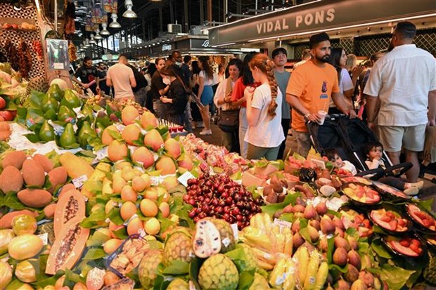 Người dân mua sắm tại khu chợ ở Barcelona, Tây Ban Nha. (Ảnh: AFP/TTXVN)