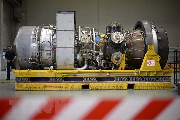 Tuabin khí thuộc dự án Dòng chảy phương Bắc 1 được sửa chữa tại nhà máy của công ty Siemens Energy ở Muelheim an der Ruhr, Đức ngày 3/8/2022. (Ảnh: AFP/TTXVN)
