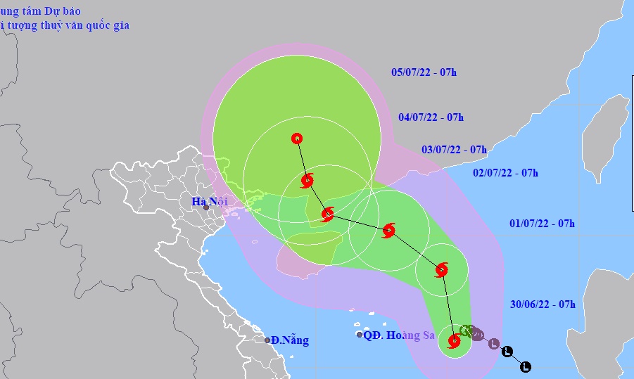 Hình ảnh dự báo đường đi và vùng ảnh hưởng của cơn bão số 01/2022