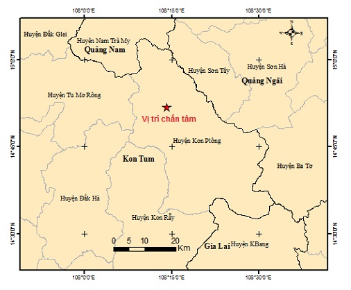 Sơ đồ tâm chấn trận động đất thứ 3 trong ngày xảy ra tại Kon Tum