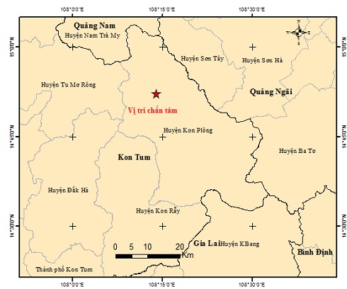 Sơ đồ tâm chấn trận động đất xảy ra sáng nay 2/8 tại tỉnh Kon Tum