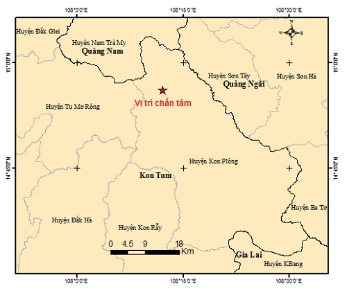 Sơ đồ tâm chấn trận động đất thứ năm trong ngày 10/9 xảy ra tại Kon Tum